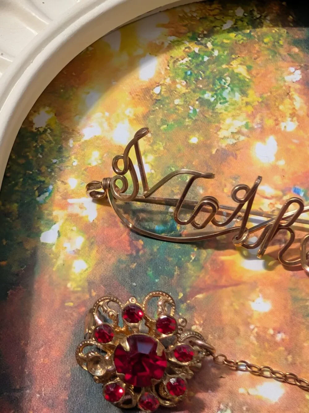 1930's 1940's Mother Wire Brooch & Red Rhinestone Flower Chatelain Brooch